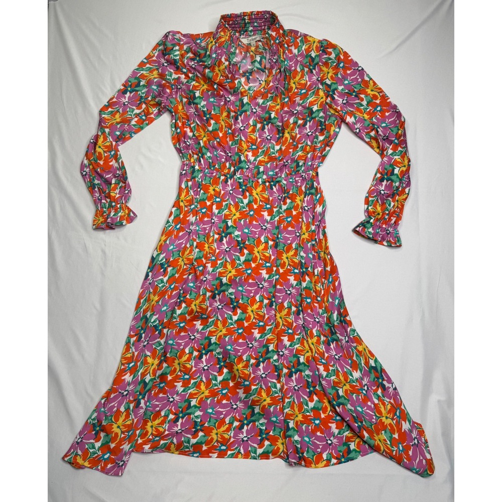 Tucker NYC Stella Dress Silk Colorful Floral Smocked High Neck Midi Dress Small